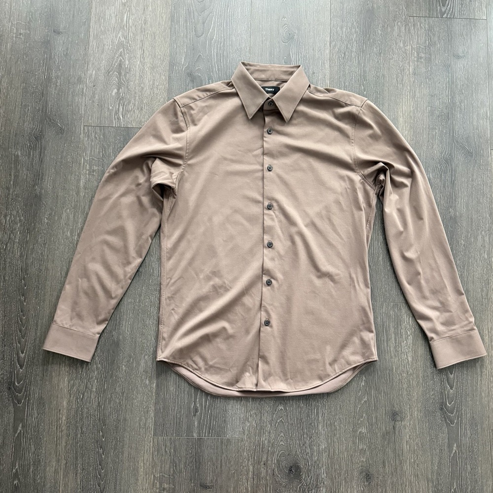 Theory Sylvain Structure Knit Shirt Button Up Small Brown Slim Fit Performance